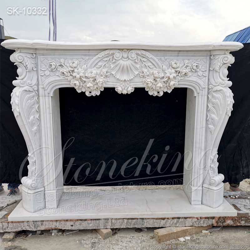 Handcrafted Natural White Marble Vintage French Fireplace Mantel Decor for Inside house for sale