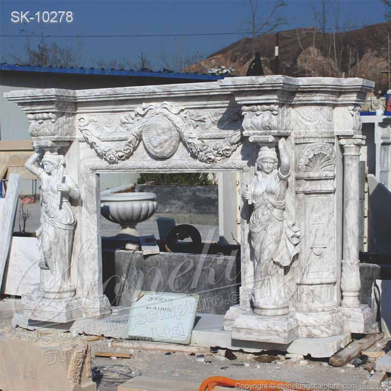 Custom Volokas White Marble Fireplace Mantel Ideas with Caryatid for Interior decoration of factory supply 