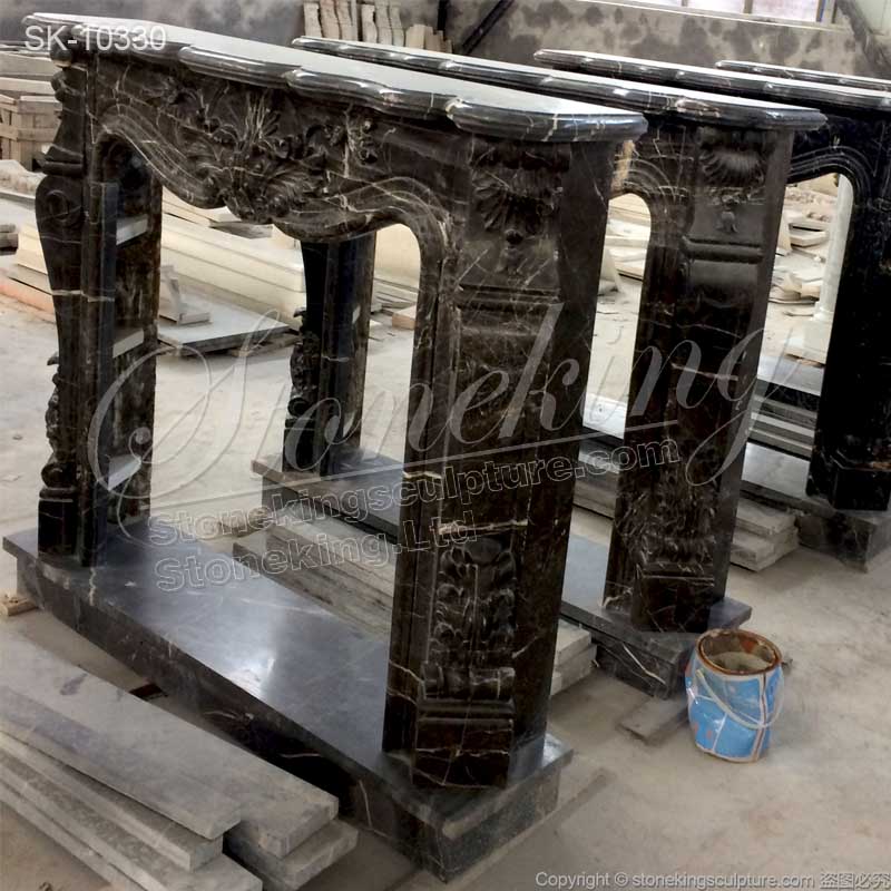 Hand Carved Classic Nero Marquina Black Marble Fireplace Surround Ideas for living room decor for sale 