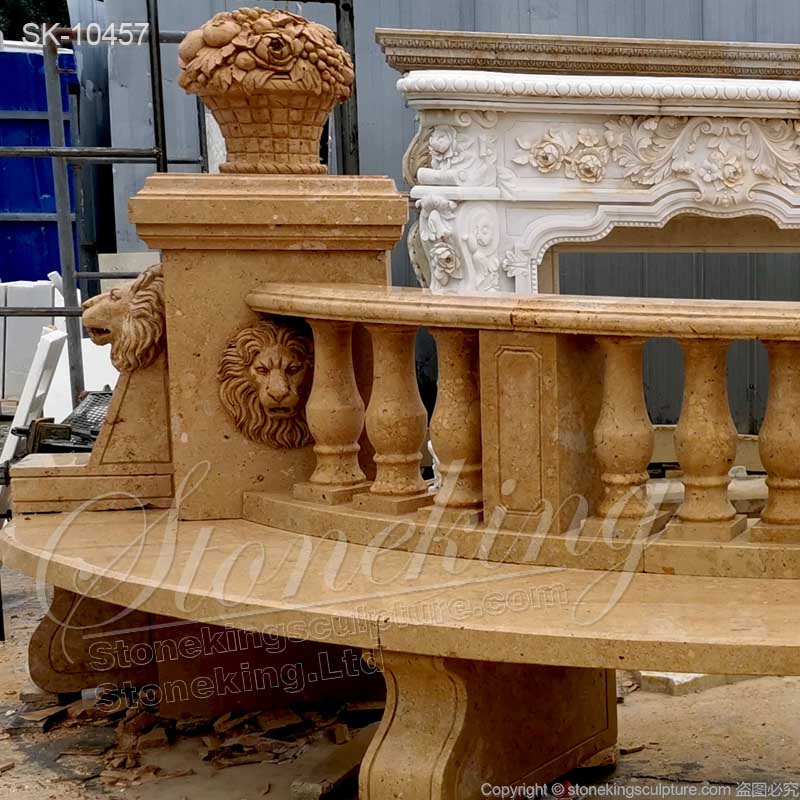 Outdoor Extra Long Natural Yellow Marble Semi Circle Bench with lion heads and balusters for sale 