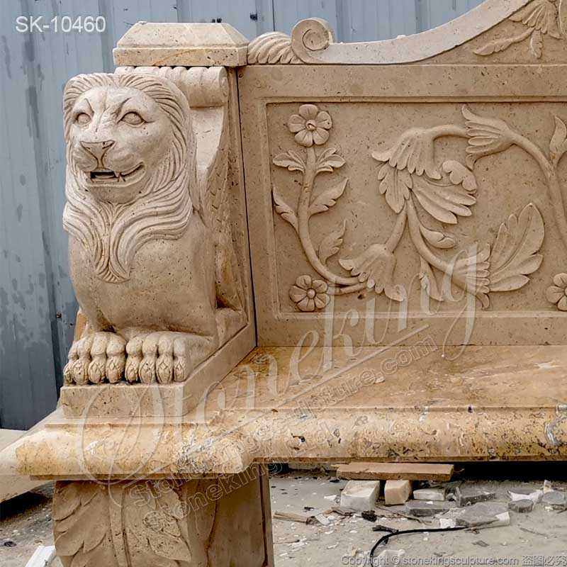  Hot Selling Natural Travertine Stone Outdoor Bench with Winged Lions for garden and home decoration 