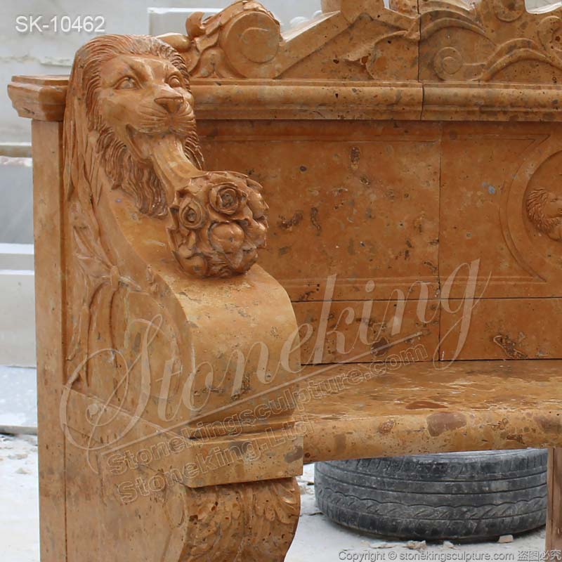 Home Decoration Hand Carved Yellow Marble Outdoor Backyard Bench with lion heads for sale