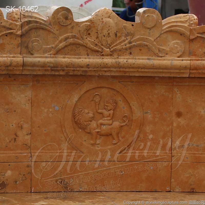 Home Decoration Hand Carved Yellow Marble Outdoor Backyard Bench with lion heads for sale