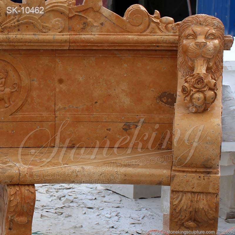 Home Decoration Hand Carved Yellow Marble Outdoor Backyard Bench with lion heads for sale