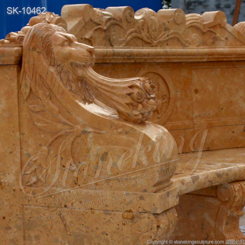 Home Decoration Hand Carved Yellow Marble Outdoor Backyard Bench with lion heads for sale