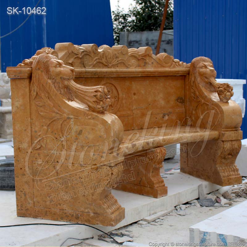 Home Decoration Hand Carved Yellow Marble Outdoor Backyard Bench with lion heads for sale