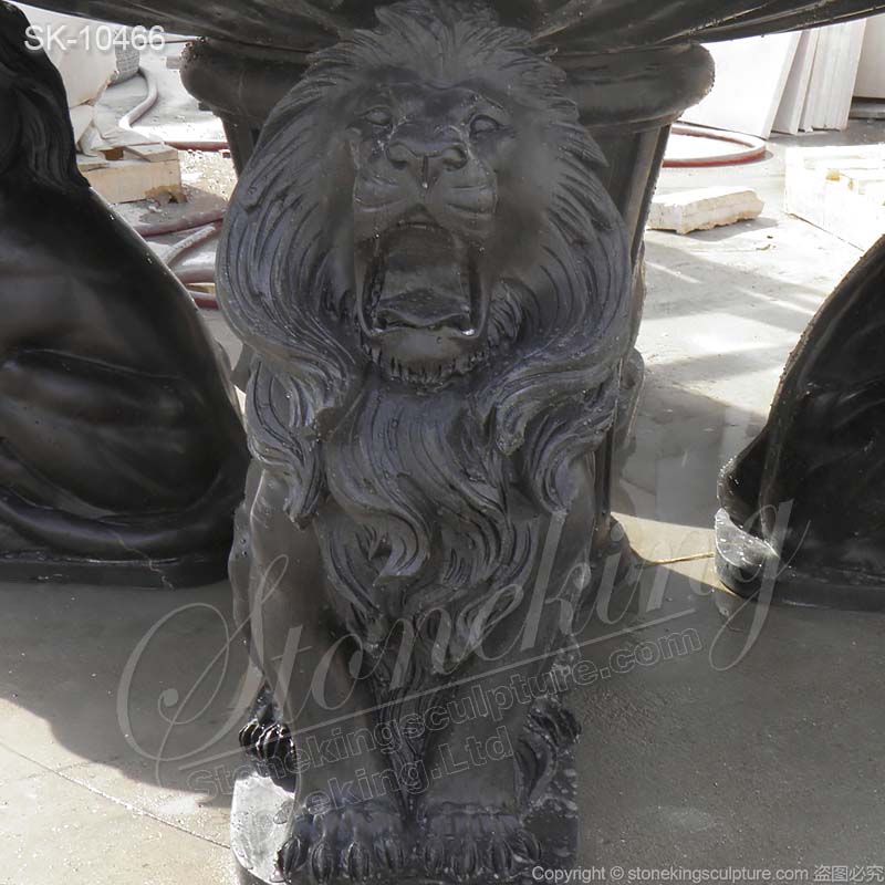 Hand Carved Outdoor Natural Black Marble Table with lions for garden or home decor for sale 