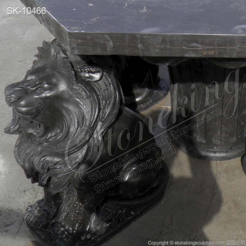 Hand Carved Outdoor Natural Black Marble Table with lions for garden or home decor for sale 