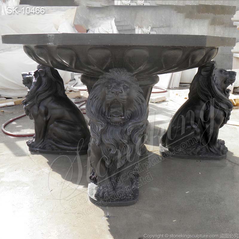 Hand Carved Outdoor Natural Black Marble Table with lions for garden or home decor for sale 