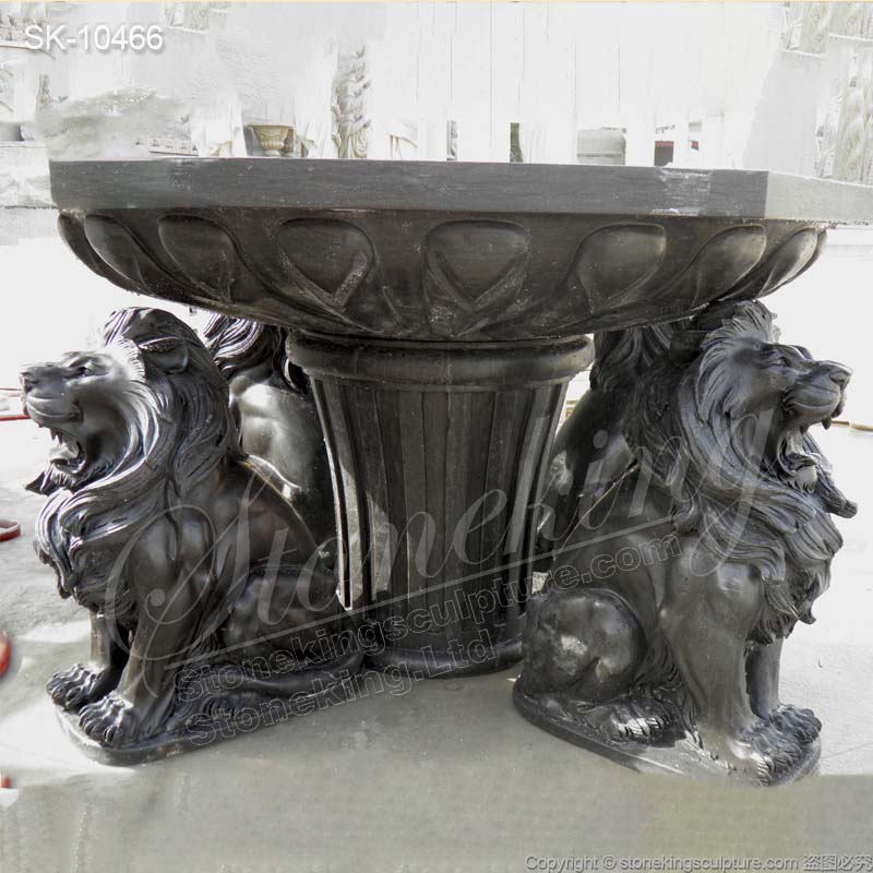 Hand Carved Outdoor Natural Black Marble Table with lions for garden or home decor for sale 