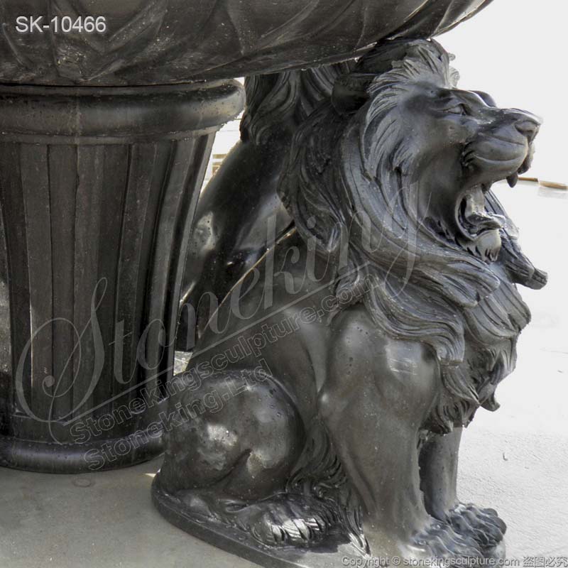 Hand Carved Outdoor Natural Black Marble Table with lions for garden or home decor for sale 