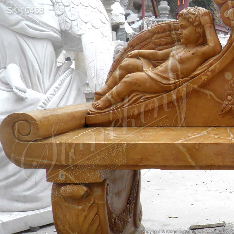 Factory Supply Hand Carved Yellow Marble Outdoor Decorative Garden Bench with Angels for sale 