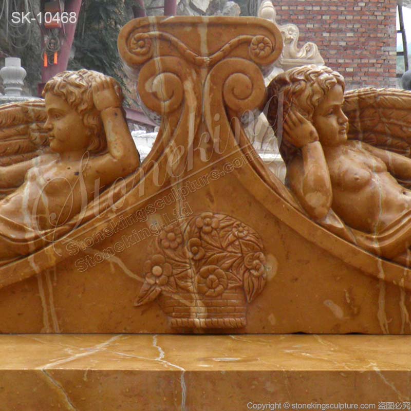 Factory Supply Hand Carved Yellow Marble Outdoor Decorative Garden Bench with Angels for sale 