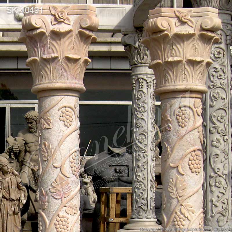 Beautiful Hand Carved Marble Building Column with Corinthian style capital and grapes for sale 