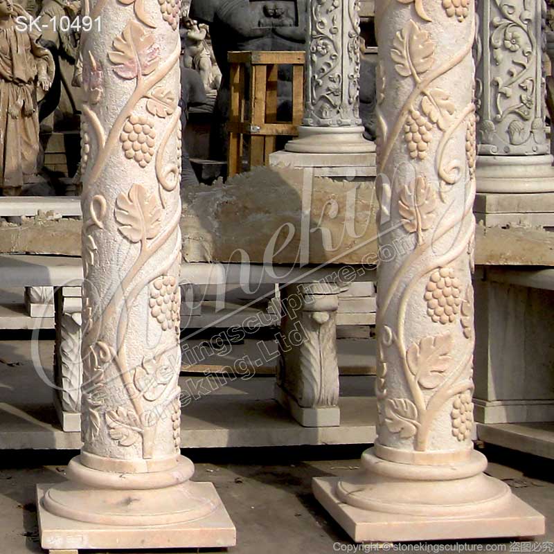 Beautiful Hand Carved Marble Building Column with Corinthian style capital and grapes for sale 