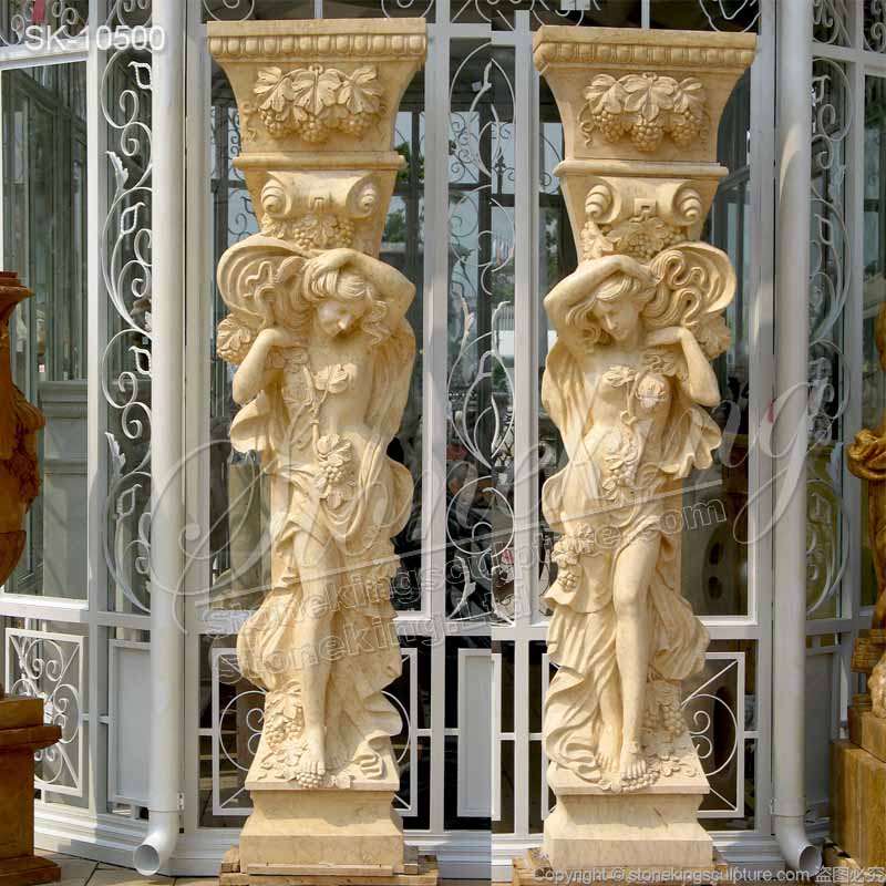 Manufacturer Marble Exterior Porch Columns of Female Statue with Grapes decoration for sale 