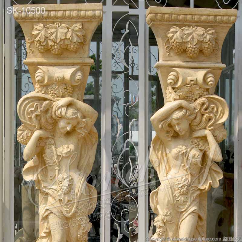 Manufacturer Marble Exterior Porch Columns of Female Statue with Grapes decoration for sale 