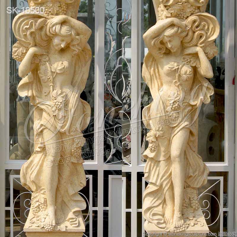 Manufacturer Marble Exterior Porch Columns of Female Statue with Grapes decoration for sale 