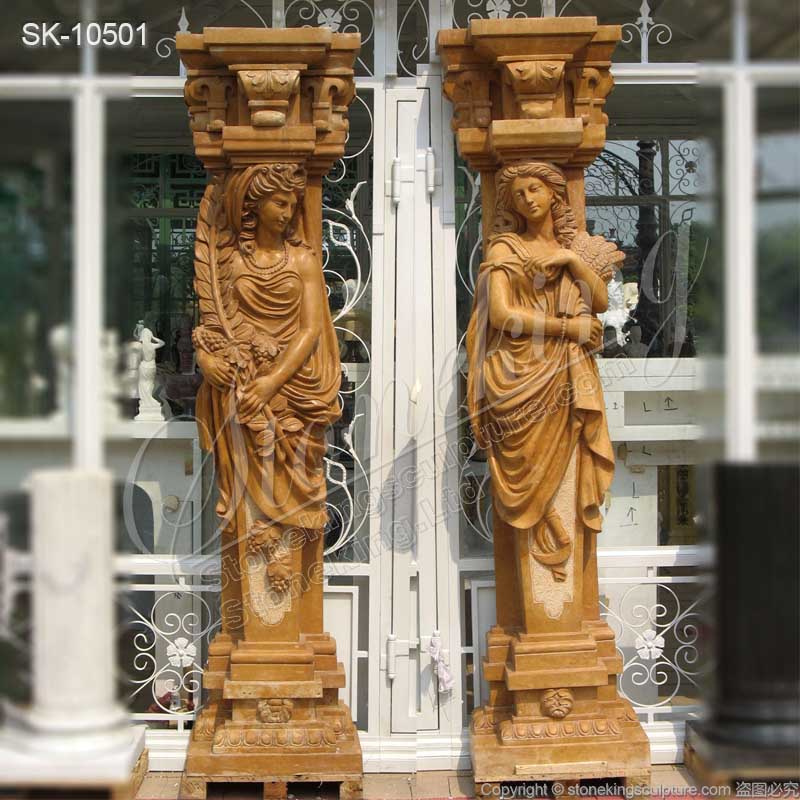 Garden Ornaments Top Quality Marble Decorative Outdoor Columns with Lady Statues for sale 