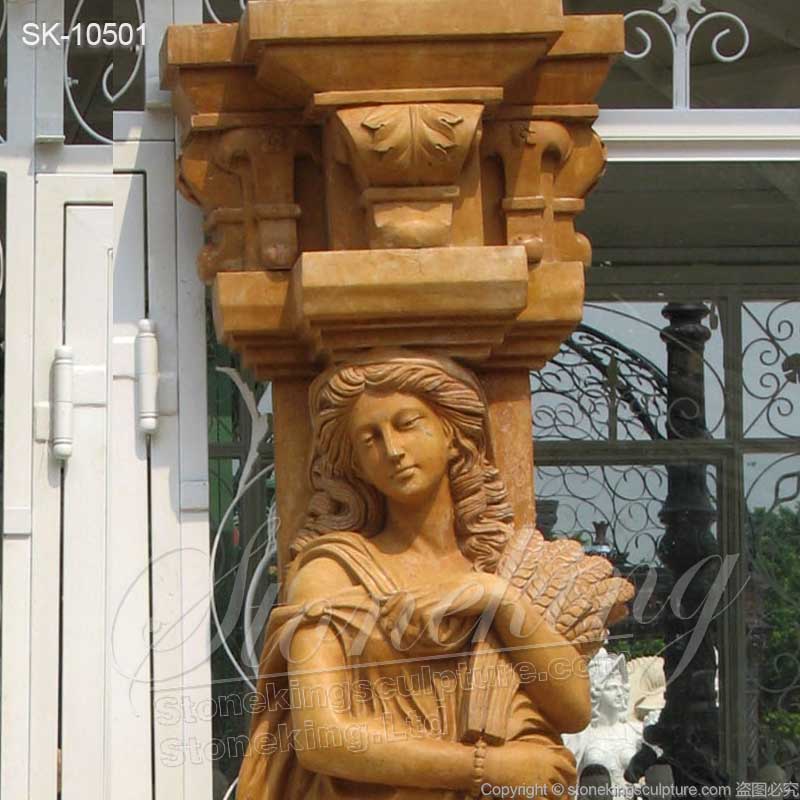 Garden Ornaments Top Quality Marble Decorative Outdoor Columns with Lady Statues for sale 