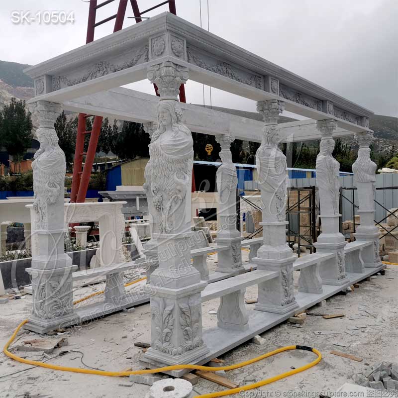 Factory Price Hand Carved White Marble Outdoor Garden Gazebo with Greek Female statues for sale