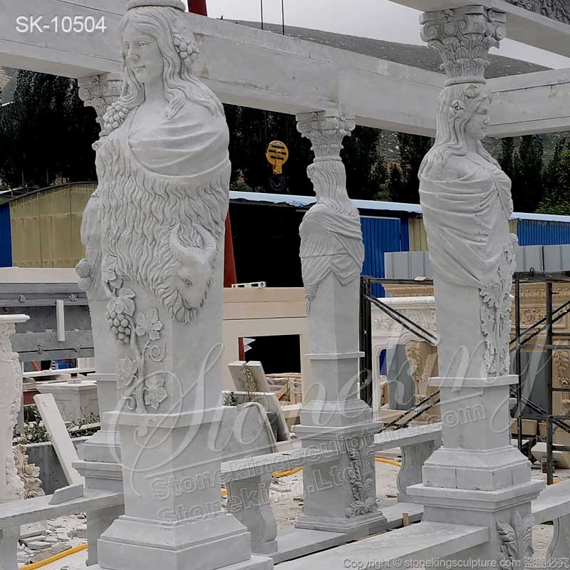 Factory Price Hand Carved White Marble Outdoor Garden Gazebo with Greek Female statues for sale