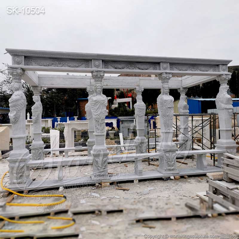 Factory Price Hand Carved White Marble Outdoor Garden Gazebo with Greek Female statues for sale