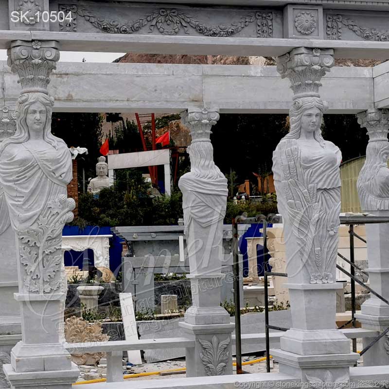 Factory Price Hand Carved White Marble Outdoor Garden Gazebo with Greek Female statues for sale