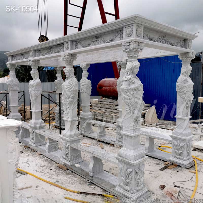 Factory Price Hand Carved White Marble Outdoor Garden Gazebo with Greek Female statues for sale