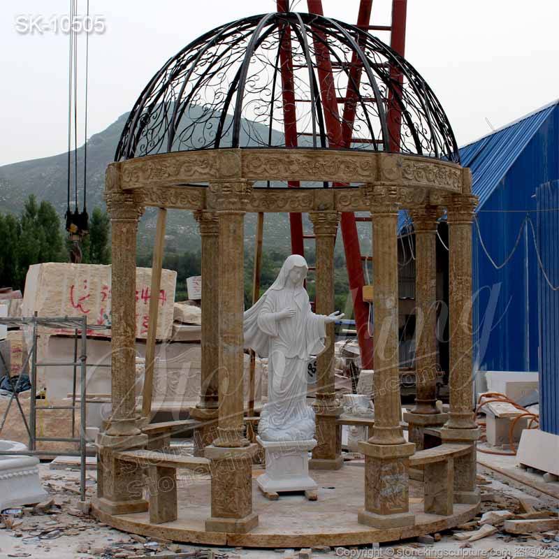 Hand Carved Classic Outdoor Marble Round Gazebo with Iron Dome for garden decoration for sale 