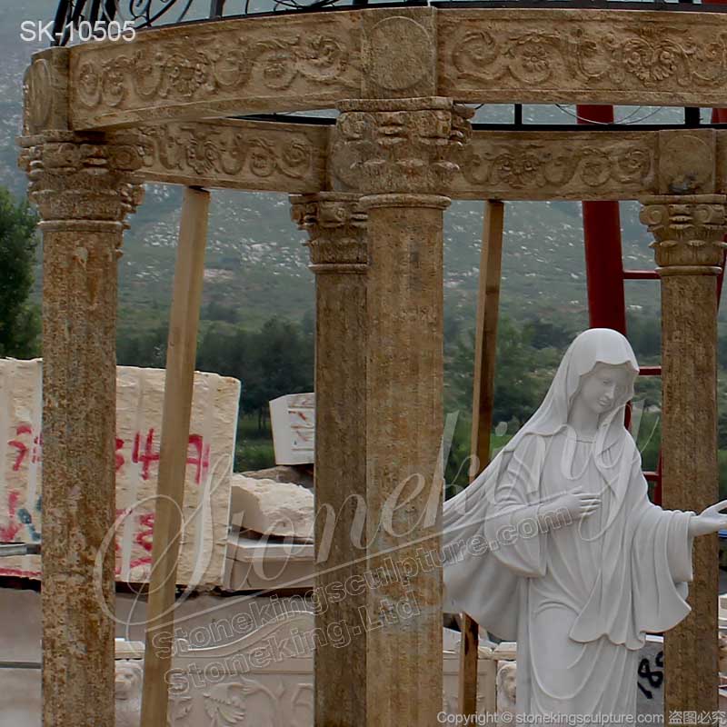 Hand Carved Classic Outdoor Marble Round Gazebo with Iron Dome for garden decoration for sale 