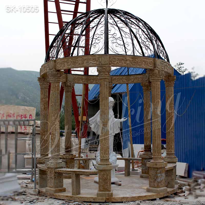 Hand Carved Classic Outdoor Marble Round Gazebo with Iron Dome for garden decoration for sale 