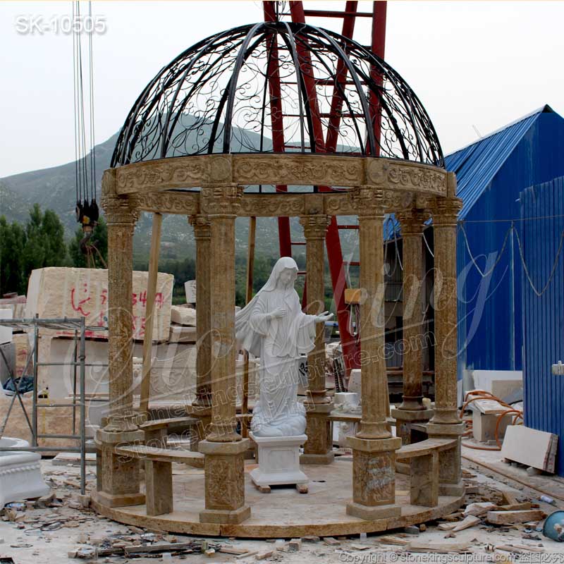 Hand Carved Classic Outdoor Marble Round Gazebo with Iron Dome for garden decoration for sale 