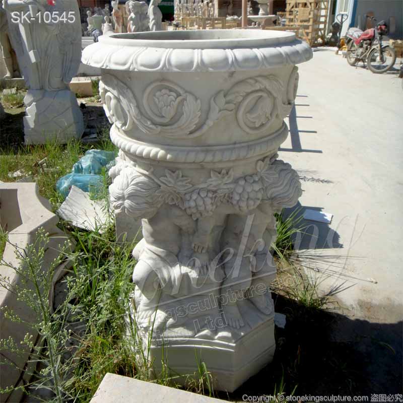 Factory Price Hand Carved Marble White Cherub Planter Pot for outdoor garden for sale