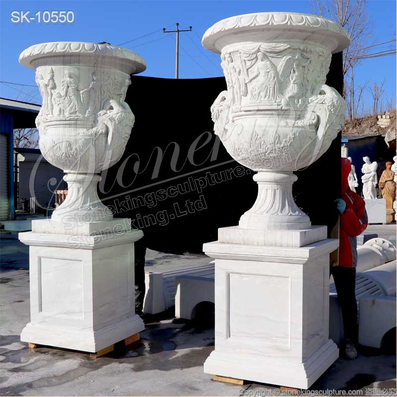 Factory Supplier Hand Carved White Marble Extra Large Plant Pots Outdoor Decor for sale