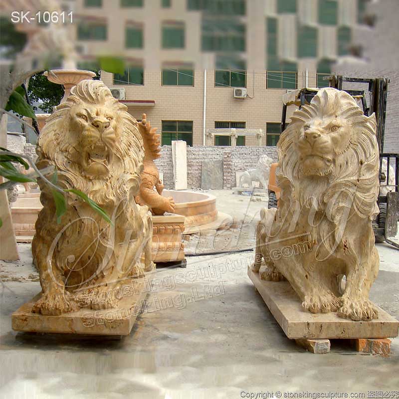 Manufacturer Outdoor Life Size Travertine Stone Lion Statues for Garden Decor for sale 