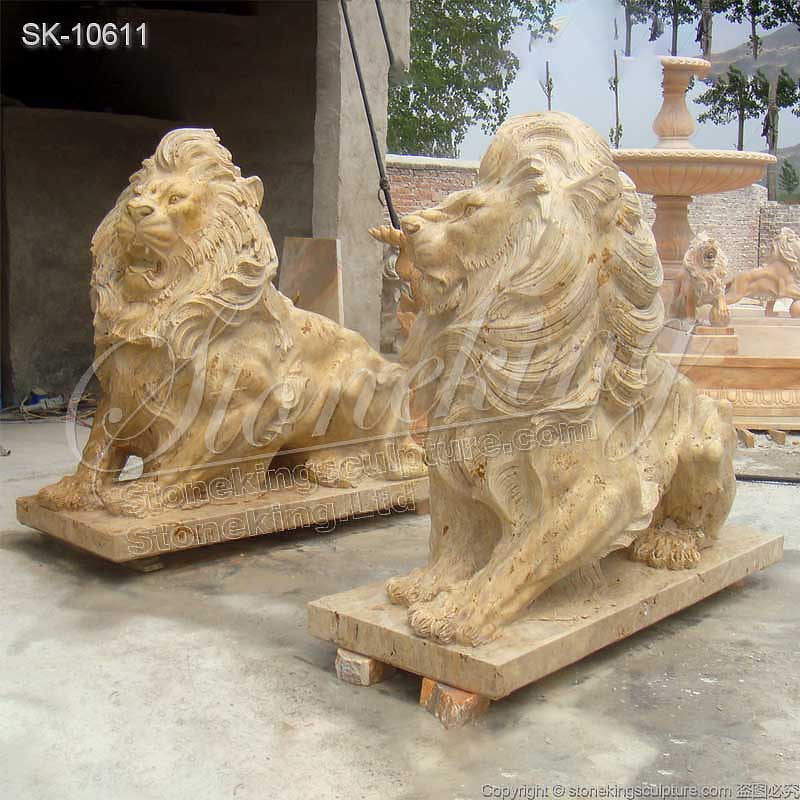 Manufacturer Outdoor Life Size Travertine Stone Lion Statues for Garden Decor for sale 