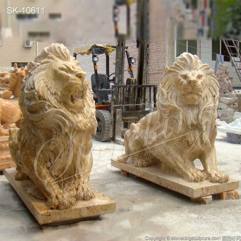 Manufacturer Outdoor Life Size Travertine Stone Lion Statues for Garden Decor for sale 