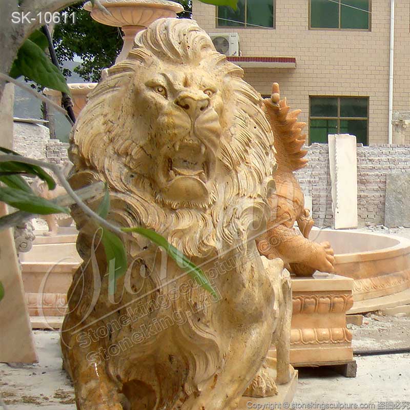 Manufacturer Outdoor Life Size Travertine Stone Lion Statues for Garden Decor for sale 