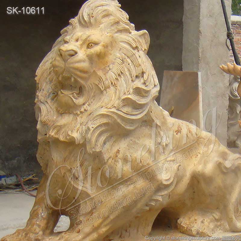 Manufacturer Outdoor Life Size Travertine Stone Lion Statues for Garden Decor for sale 