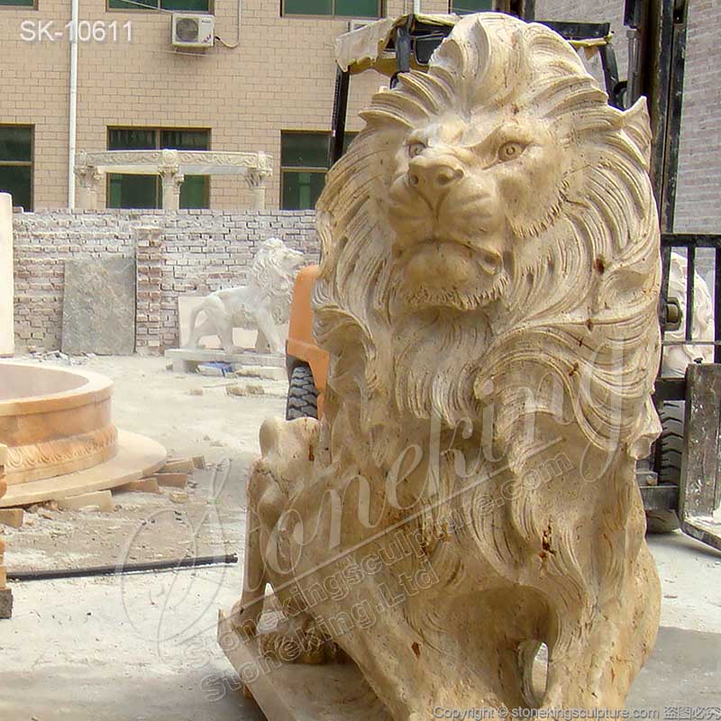 Manufacturer Outdoor Life Size Travertine Stone Lion Statues for Garden Decor for sale 