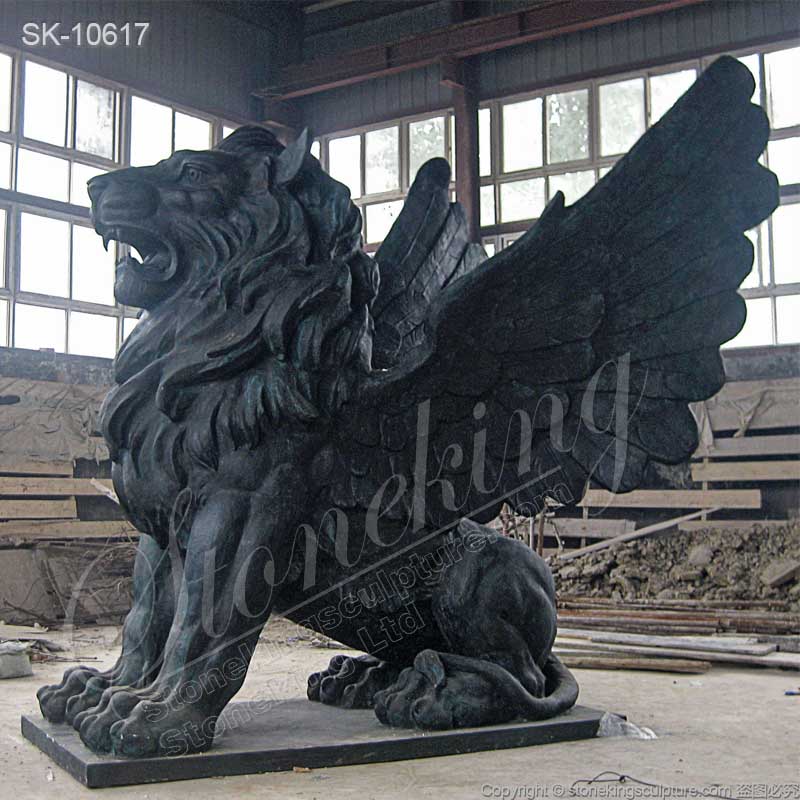 Large Black Marble Winged Lion Statue for Outdoor Garden and Home Ornaments for sale 