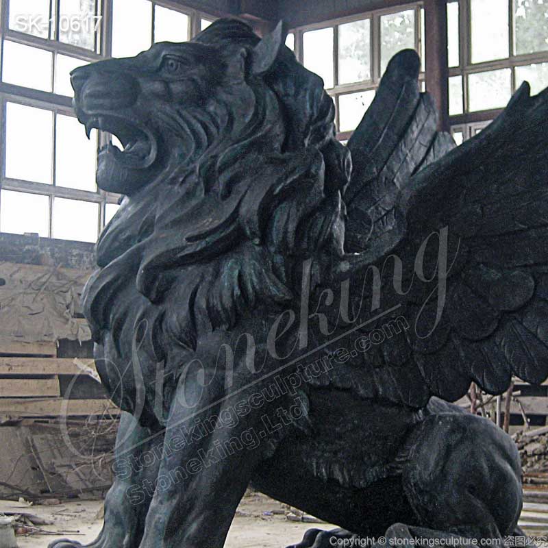 Large Black Marble Winged Lion Statue for Outdoor Garden and Home Ornaments for sale 