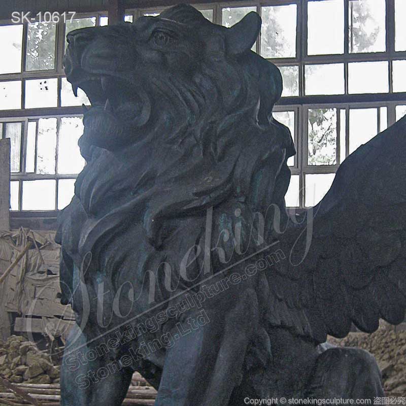 Large Black Marble Winged Lion Statue for Outdoor Garden and Home Ornaments for sale 