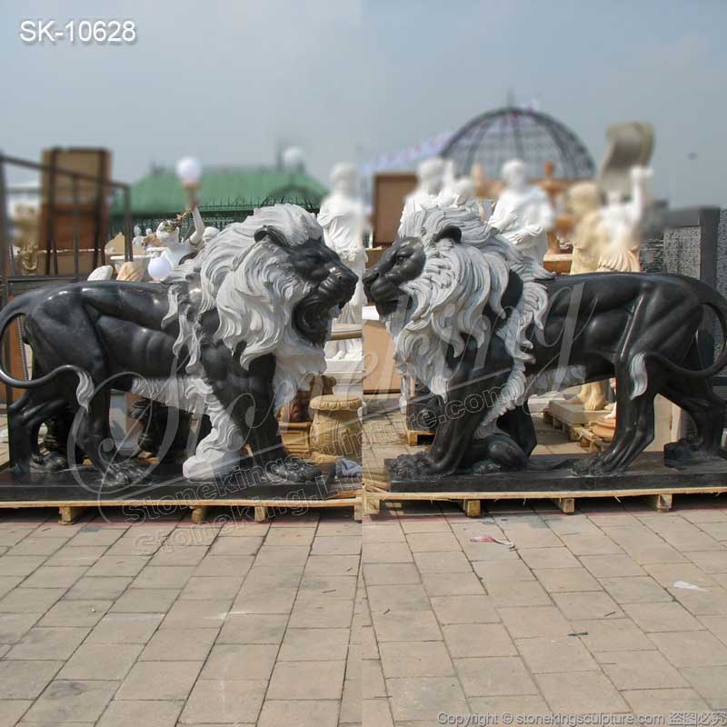 Factory Supplier Outdoor Large Black Marble Lion Statues for Home Entrance for sale