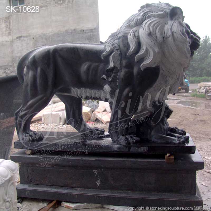 Factory Supplier Outdoor Large Black Marble Lion Statues for Home Entrance for sale