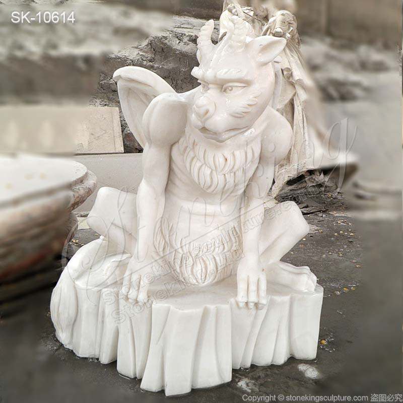 Hand Carved White Marble Outdoor Gargoyle Statue for Garden or Home Decor for sale 