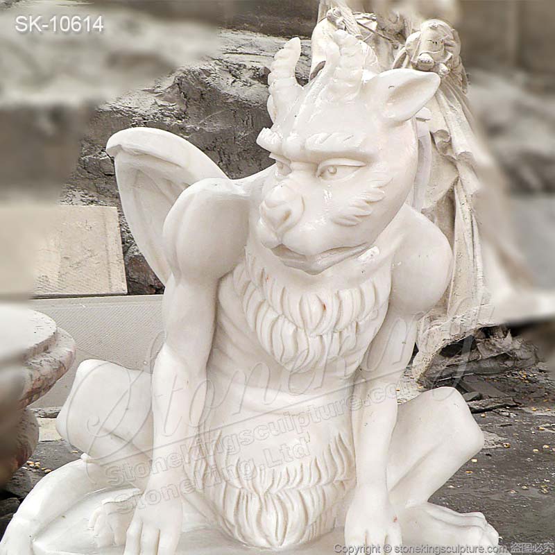 Hand Carved White Marble Outdoor Gargoyle Statue for Garden or Home Decor for sale 