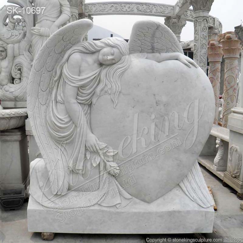 Handcrafted White Marble Heart Shaped Headstone with Angel Staute for Graves for sale 