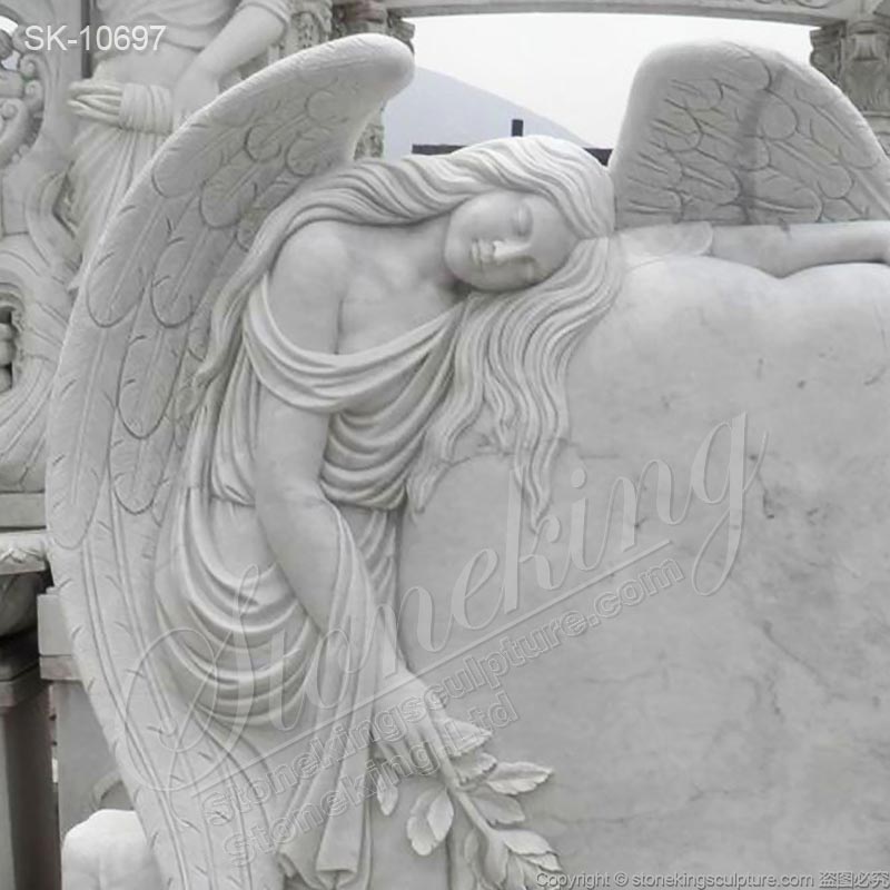 Handcrafted White Marble Heart Shaped Headstone with Angel Staute for Graves for sale 